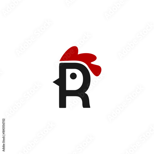 A black letter R logo stylized as a chicken's head with a red comb and beak on a white background, representing a brand or company.