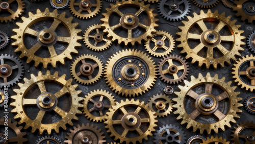 Mechanical motion display intricate gear systems industrial setting close-up photography dark background conceptual design