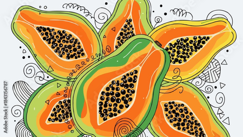 Vibrant Slices of Ripe Papaya Fruit Artfully Arranged.