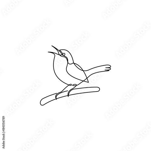 Minimalist continuous line art drawing of a small bird perched on a branch, singing with its beak open, on a white background.