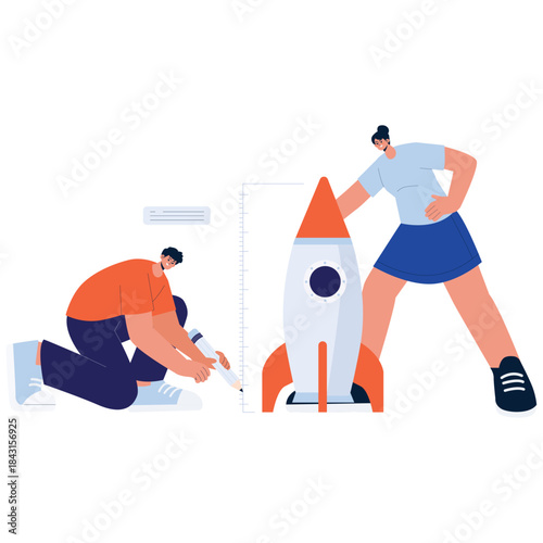 Team Project Illustartion. Vector illustration of Teammates measure and sketch a rocket concept, showing product design, prototyping, and launch planning for a new project. Isolated on background