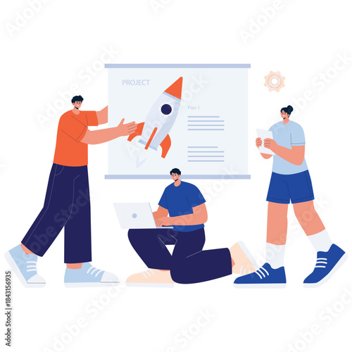 Team Project Illustartion. Vector illustration of Team presenting a startup launch plan with a rocket symbol, coordinating tasks on laptop and notes for business growth. Isolated on background