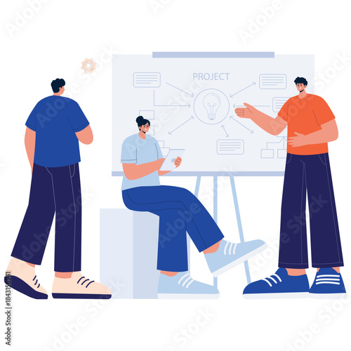 Team Project Illustartion. Vector illustration of Team discussing a project roadmap on a whiteboard during a planning meeting for startup launch and collaboration. Isolated on background