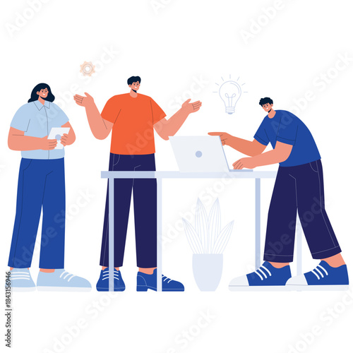 Team Project Illustartion. Vector illustration of Business team brainstorming ideas around a laptop, discussing solutions and planning tasks for creative collaboration. Isolated on background