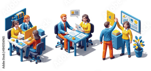 Isometric business and office icons set depicting teamwork, meetings, brainstorming, presentations, and various workplace activities.