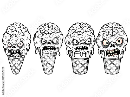 Illustrations of a melting ice cream cone shaped like a zombie