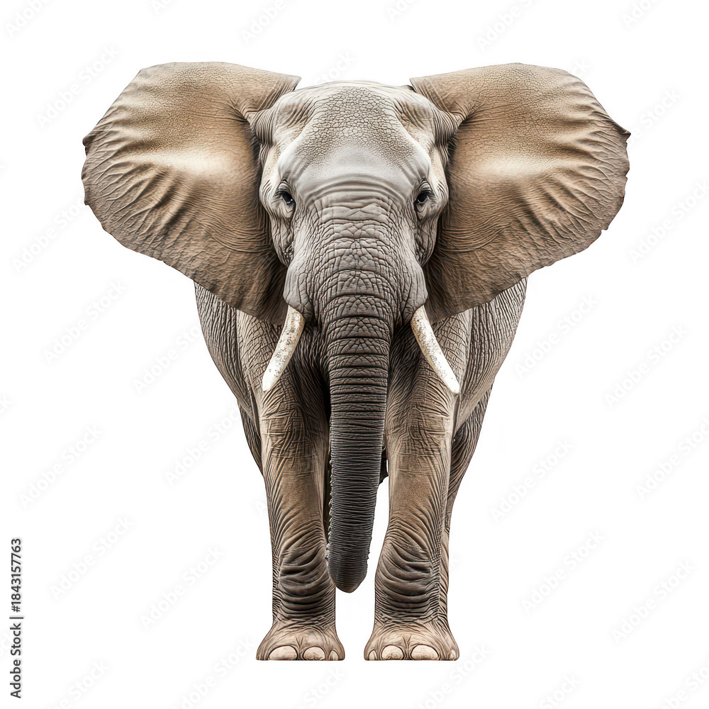 Fototapeta premium A majestic elephant standing proudly with its ears flared. its impressive size and features against a plain white background. ideal for educational and wildlife-related content