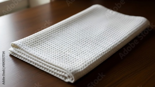 Clean white waffle weave dishcloth neatly folded on polished wooden surface