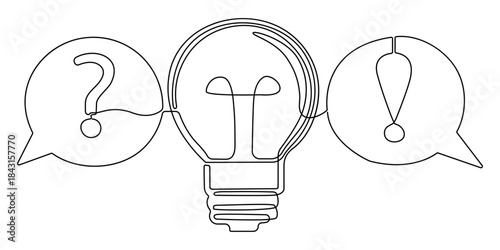 Quick tips. Continuous one line drawing of question mark, light bulb and speech bubbles. Trendy line art vector on a white background. Vector illustration. Hand drawn one line vector. Editable stroke
