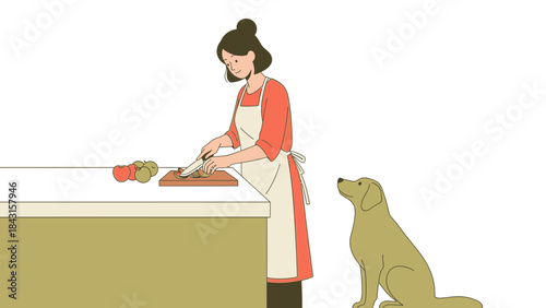 Woman preparing food with a dog watching her in a white and yellow background illustration