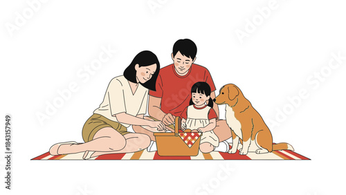 Family picnic illustration with a dog, enjoying quality time together in a vibrant scene