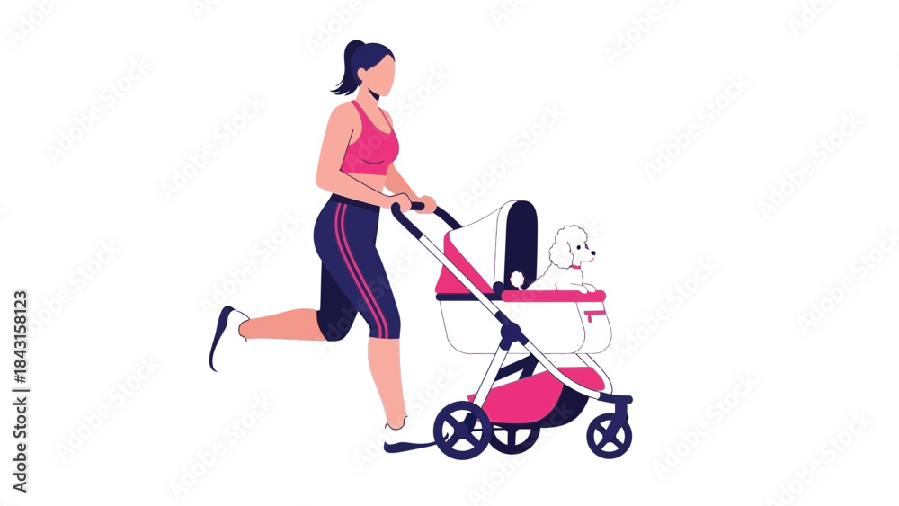 Obraz premium Woman jogging with a dog in a stroller vector illustration on a white background