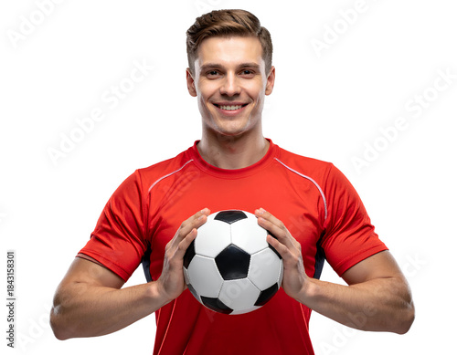 Confident Soccer Player in Red Jersey Holding Ball to Chest, Straight Front Pose, Transparent PNG