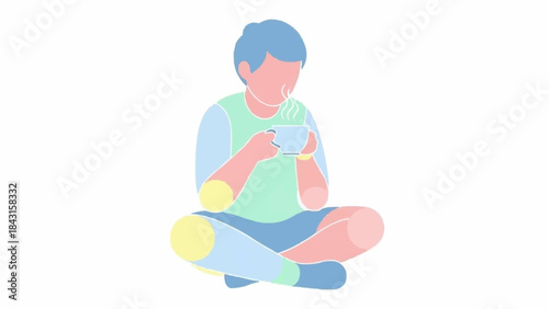 Young person sitting cross-legged holding a cup.