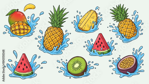 Vibrant Assortment of Fresh Fruits Splashing in Water.