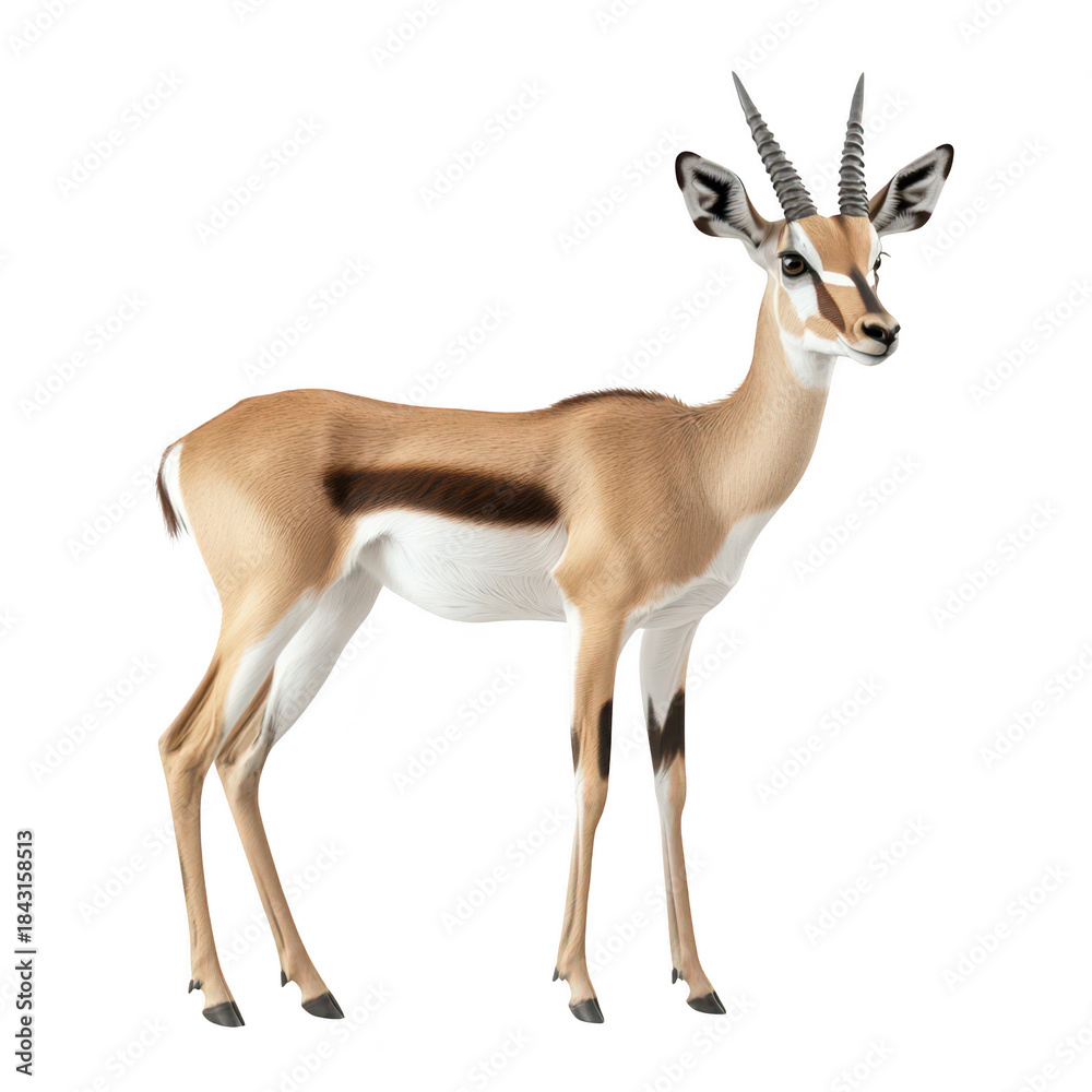 Fototapeta premium A realistic depiction of a graceful antelope standing elegantly against a plain white background. its slender body and distinctive horns. ideal for wildlife and nature-themed projects
