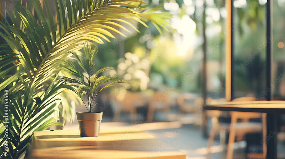 Fototapeta premium Serene indoor plant in a sunlit room with blurred background, evoking a tranquil atmosphere
