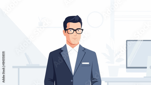 Young Businessman Wearing Glasses and Suit in Office Setting.