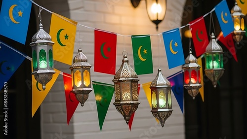 Festive Ramadan Lanterns and Crescent Moon Flags - Colorful Hanging Decoration Stock Photo