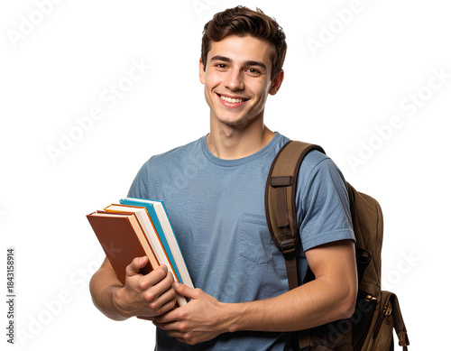 School Boy Holding Books in One Hand and Backpack On, Happy Professional PNG Cutout.