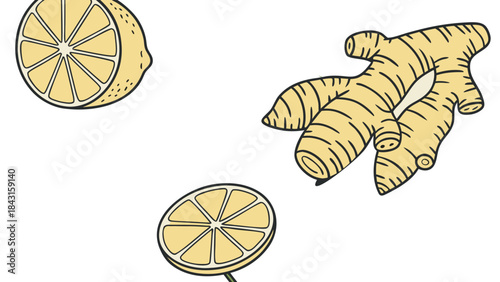 Fresh ginger root and vibrant lemon slices isolated on white background