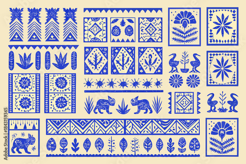 Canvas Print Collection of blue folk art motifs and patterns on a cream background