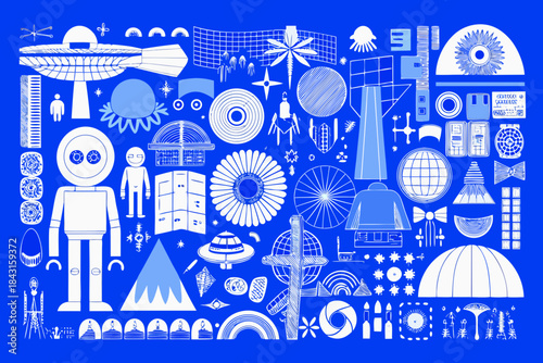 Whimsical retro sci fi collage with robots ufos globes and abstract shapes