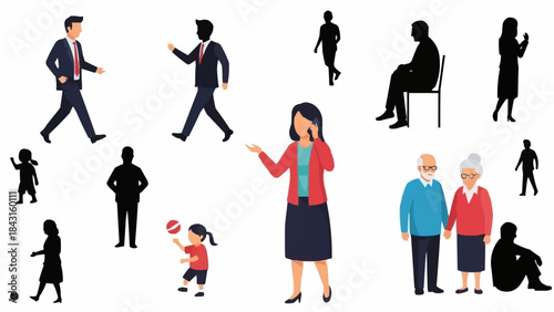 Diverse group of people in various poses and activities.