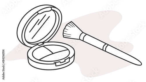 Simple outline illustration of a compact makeup case with mirror and a cosmetic brush on a light background.