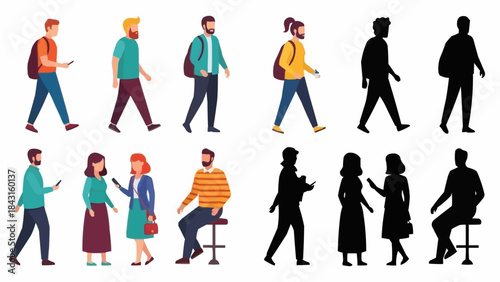 Diverse group of people walking and sitting in silhouette and color.