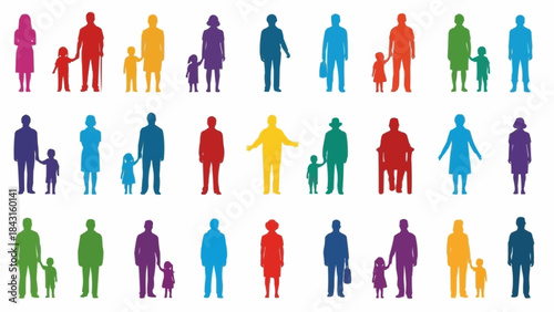 Diverse group of colorful people silhouettes in various family units.