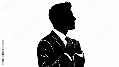 Silhouette of a man in a suit adjusting his tie.