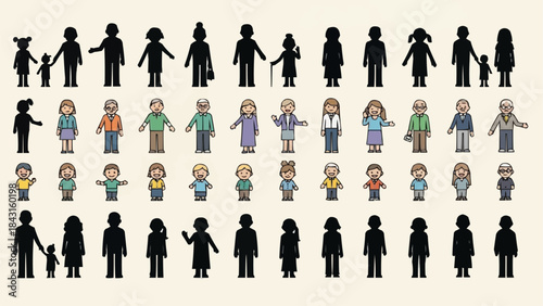 Diverse group of people silhouettes and colorful characters representing different ages and styles.
