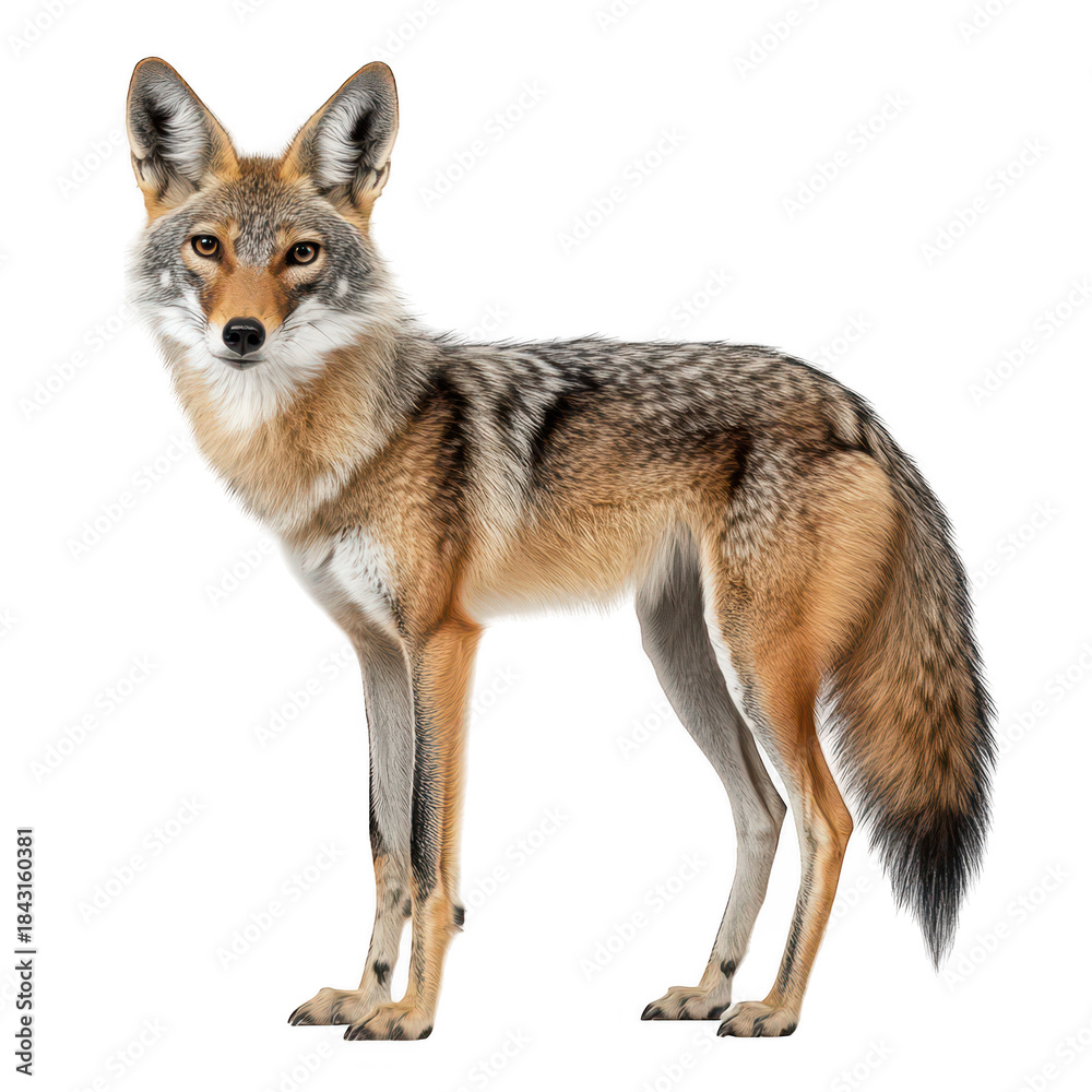 Fototapeta premium A striking portrait of a coyote standing gracefully against a clean white background. its natural beauty and agility. perfect for wildlife enthusiasts and educational purposes