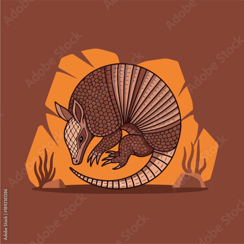Armadillo curled up in a defensive position illustration.