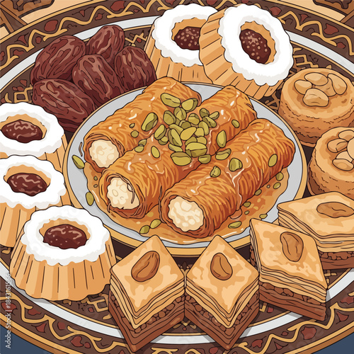 Assortment of Middle Eastern Sweets on a Decorative Plate.