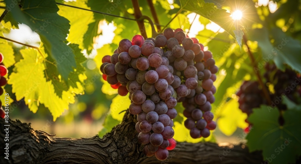 Fototapeta premium Bunch of red grapes on a vine with leaves in the background.