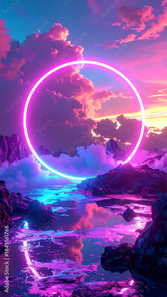 Obraz premium Glowing neon circle reflects in still water over rocky landscape at sunset