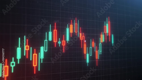 Close-up of a stock market graph with red and green candlestick charts on a dark grid background with a cinematic lighting effect conveying a sense of financial analysis and trading