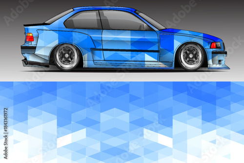 Illustration vector grahic of Car wrap decal with abstract geometry design. Black, Blue, white colour. Livery car editable. Mockup template sticker vinyl for racing, drift, rally, or daily use