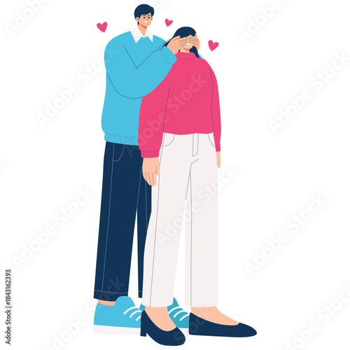 Valentine Day Illustration. Vector illustration of Couple sharing a sweet surprise with hearts, ideal for Valentine greetings, love stories, and romantic social media designs. Isolated on background