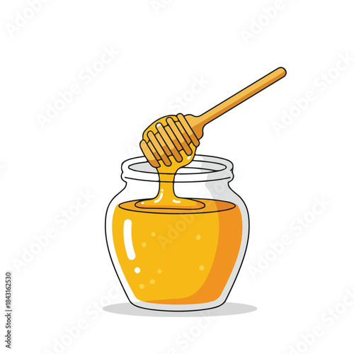 Jar of honey with dipper suitable for food and drink concepts, healthy lifestyle, natural sweeteners, culinary blogs, and ecofriendly themes.