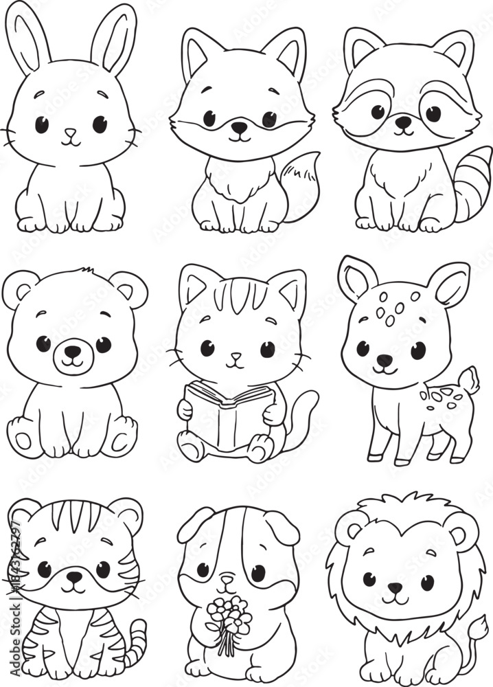 Obraz premium Cute animal vector set featuring woodland and wild animals like a bunny, fox, raccoon, bear, tiger, and lion. Perfect cartoon illustration for kids' designs, nursery decor, educational materials.