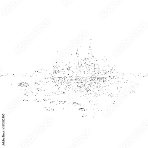 Sketch of a castle by the sea with fish swimming in the water creates a peaceful image of nature