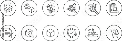 Product Development, Startup, Analysis, and E-commerce Line Icons Set. Innovation, Quality Control, Testing, Shopping Cart, Security Shield, and Manufacturing Process Vector Concepts.
