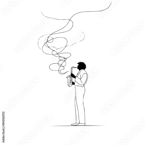 Silhouette of saxophonist playing jazz music with abstract lines representing sound waves created exactly