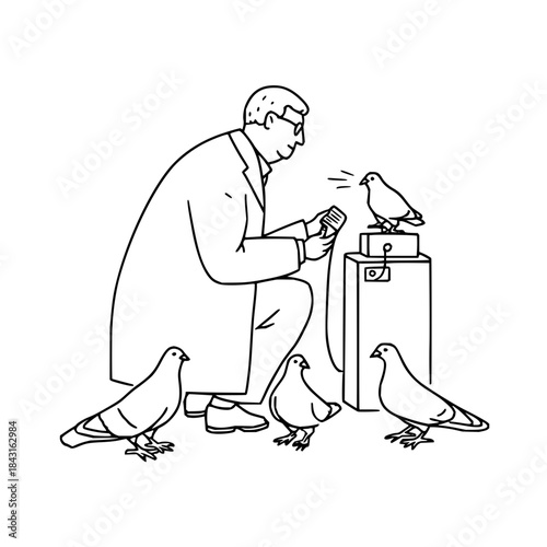 Scientist studying pigeons with electronic device in a laboratory with multiple birds around him