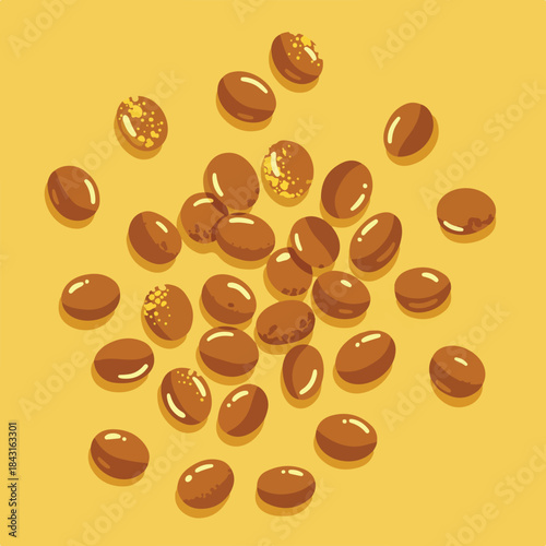 Cluster of brown coffee beans on yellow background, perfect for coffee shop menu, posters, and social media graphics design.