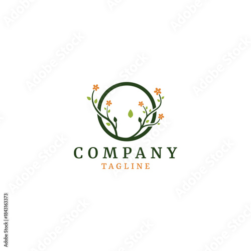 natural vector logo design featuring a bold green circular frame with delicate plant vines, leaves, and small orange flowers growing around it