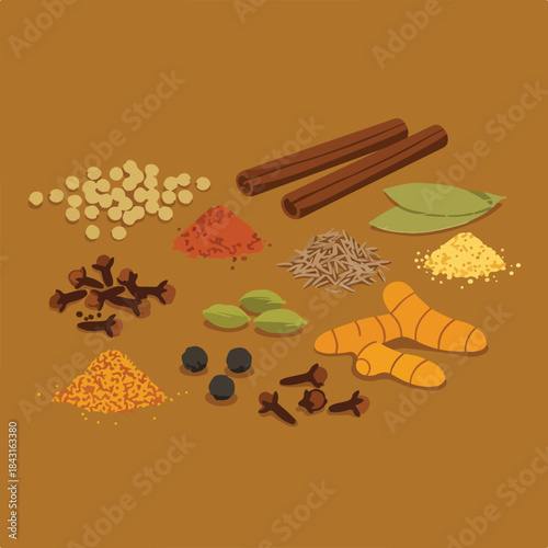 Variety of spices, herbs and flavorings on brown background, perfect for food blogs, culinary websites, and recipe book covers.